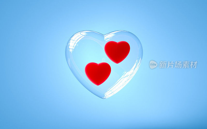 蓝色背景上的2颗红心-玻璃- 3d渲染-插图
